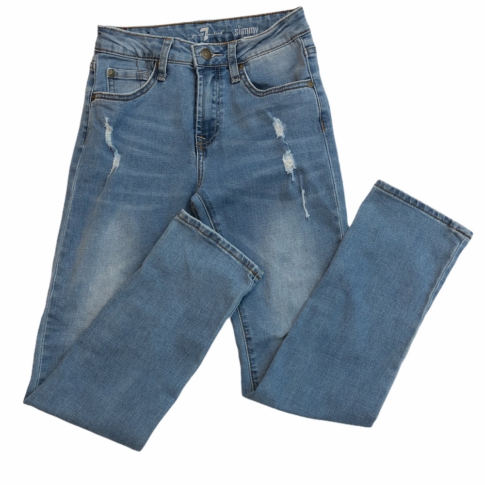 7 For All Mankind Girls Blue Light Wash Denim SLIMMY Distressed Jeans Size 12